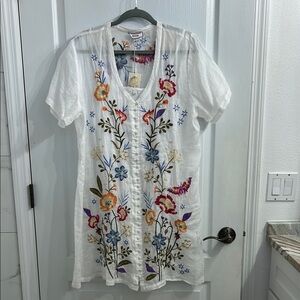 Johnny Was Workshop Nila Easy Breezy Boho Embroidered White Tunic Top Mini Dress